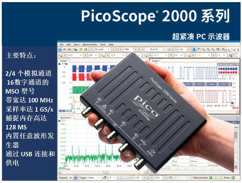 環(huán)動(dòng)聯(lián)科：PicoScope2000 系列超緊湊PC示波器，帶寬100MHz,1GS采樣率，128MS記錄長(zhǎng)度